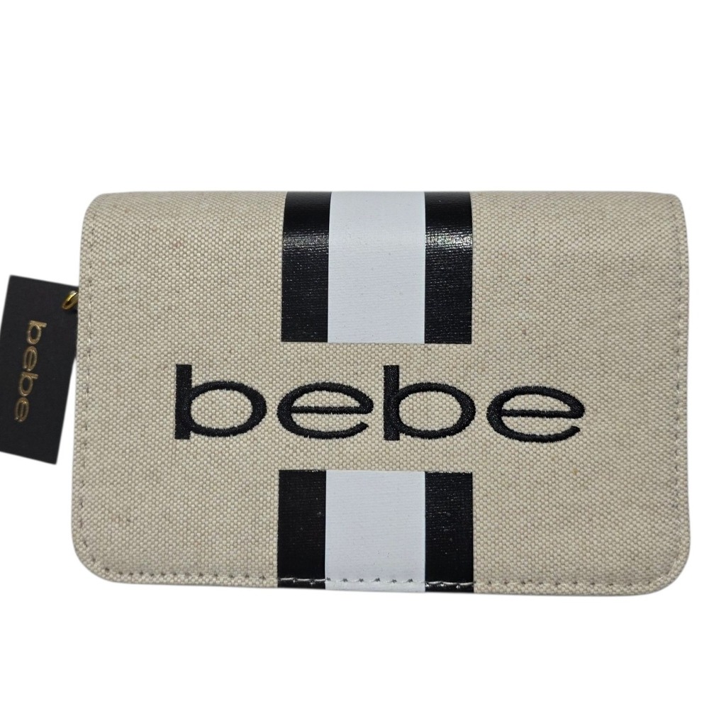 Bebe Paisley Canvas Crossbody Bag Women OS Black Tan Logo Striped Chain Purse